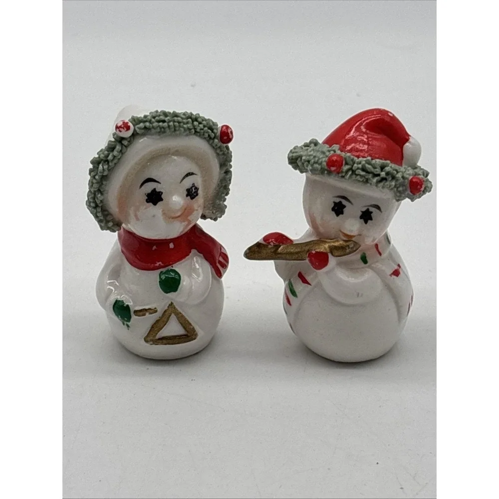Vintage Christmas Snowmen Couple Spaghetti String 1940s Figurines UCCC Taiwan